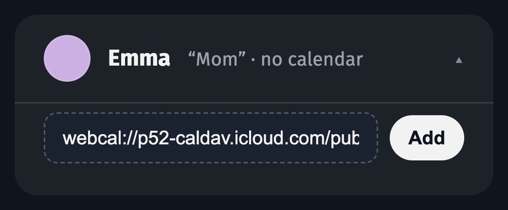 An iCloud calendar link pasted under a person in the Callie web app