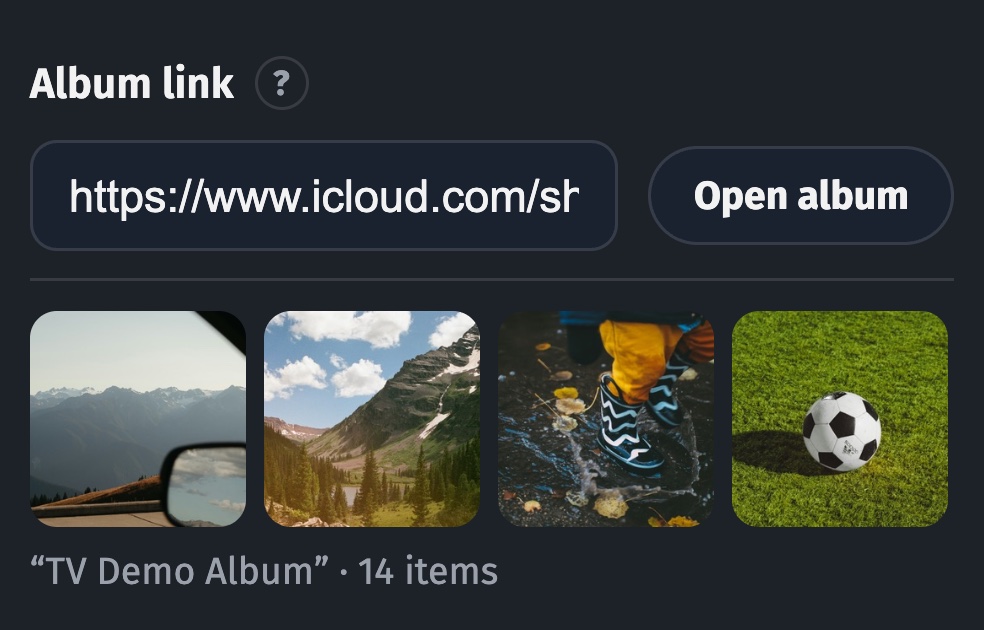 A shared album link and its photo preview in the Callie web app