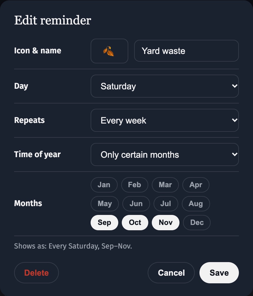 The Callie reminder editor with yard waste set to Saturdays from September to November